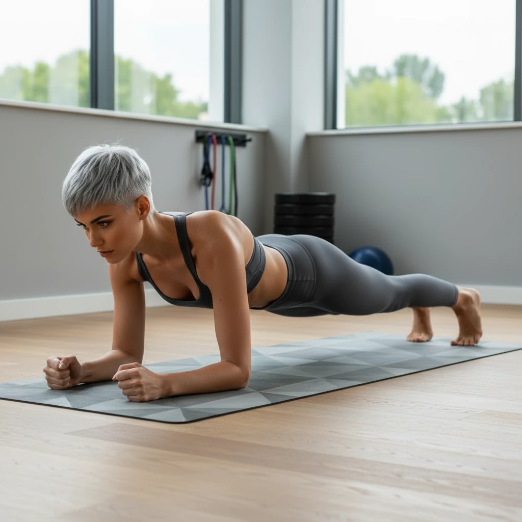 Model macht eine Planke in Active Wear.