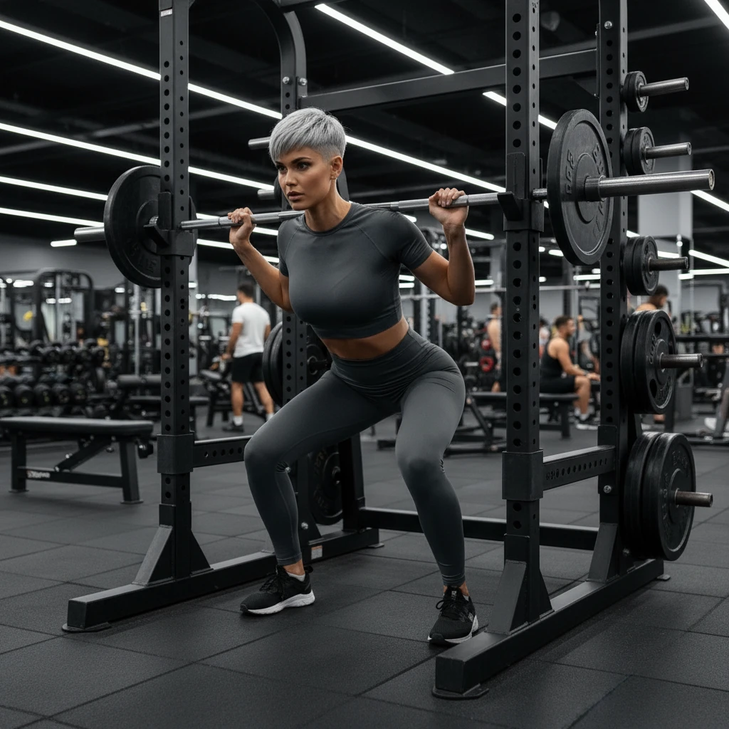 Model macht Kniebeugen in einem Sport-Outfit.