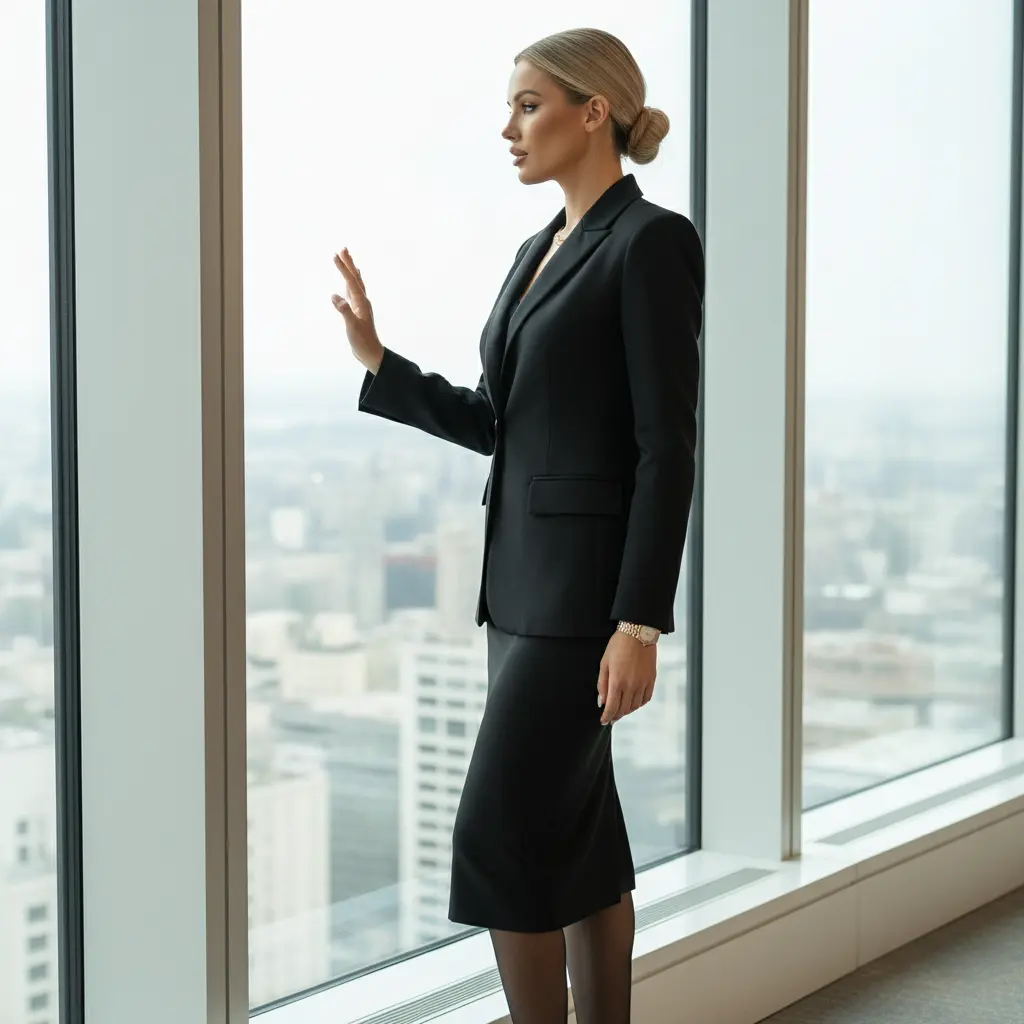 Model im Business-Outfit blickt aus dem Fenster einer Skyline.