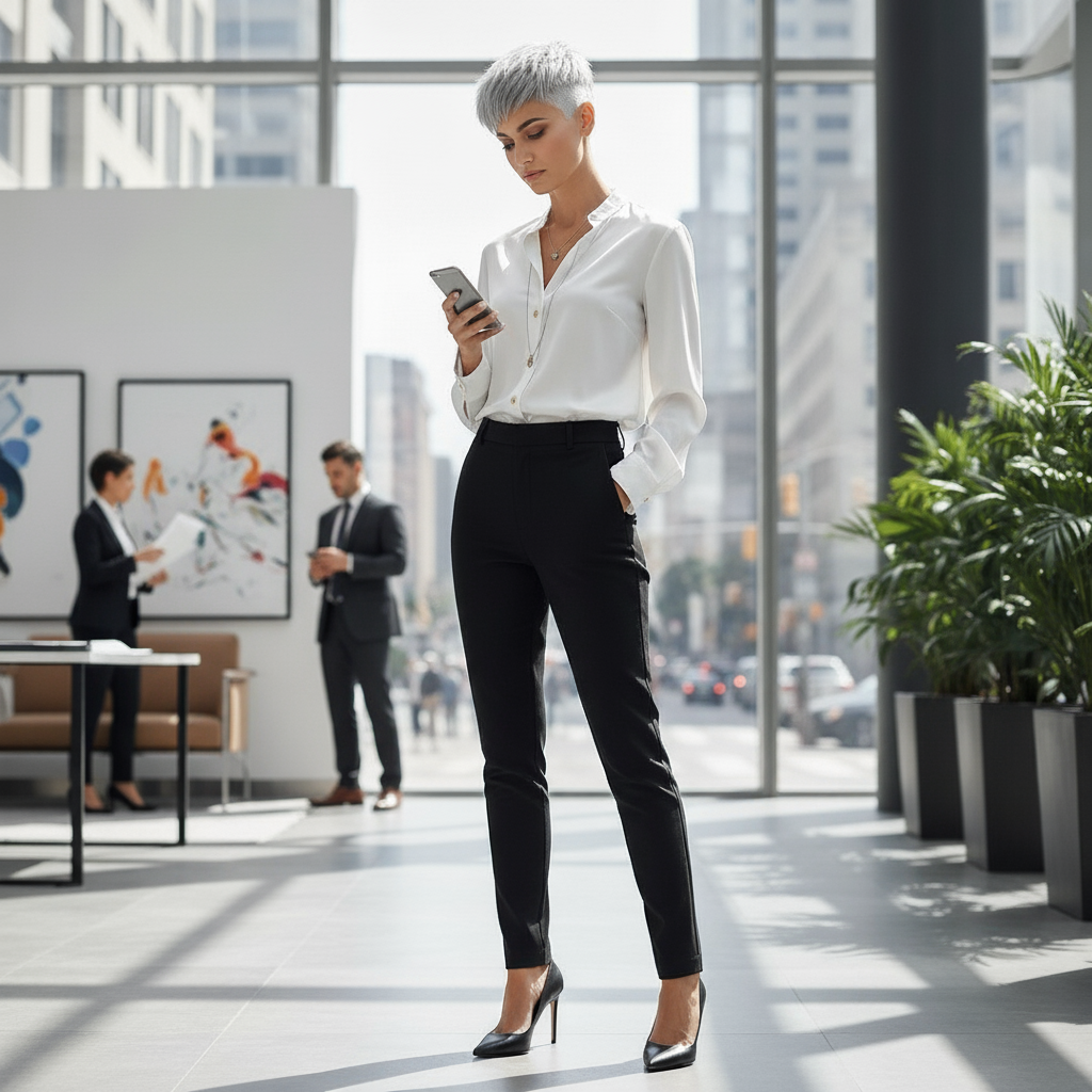 Model im Corporate Chic mit einem Smartphone in der Hand.