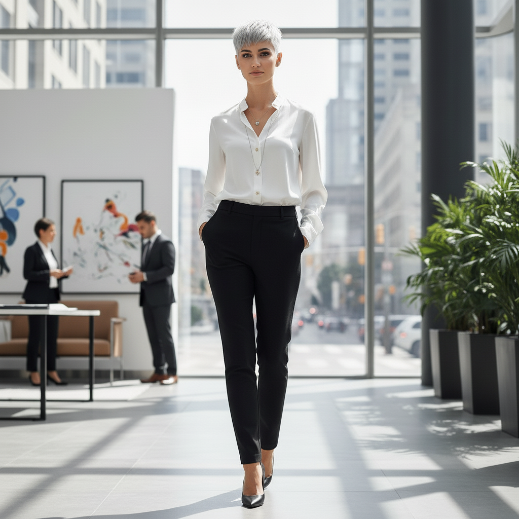 Model in Business-Kleidung geht durch ein modernes Büro.