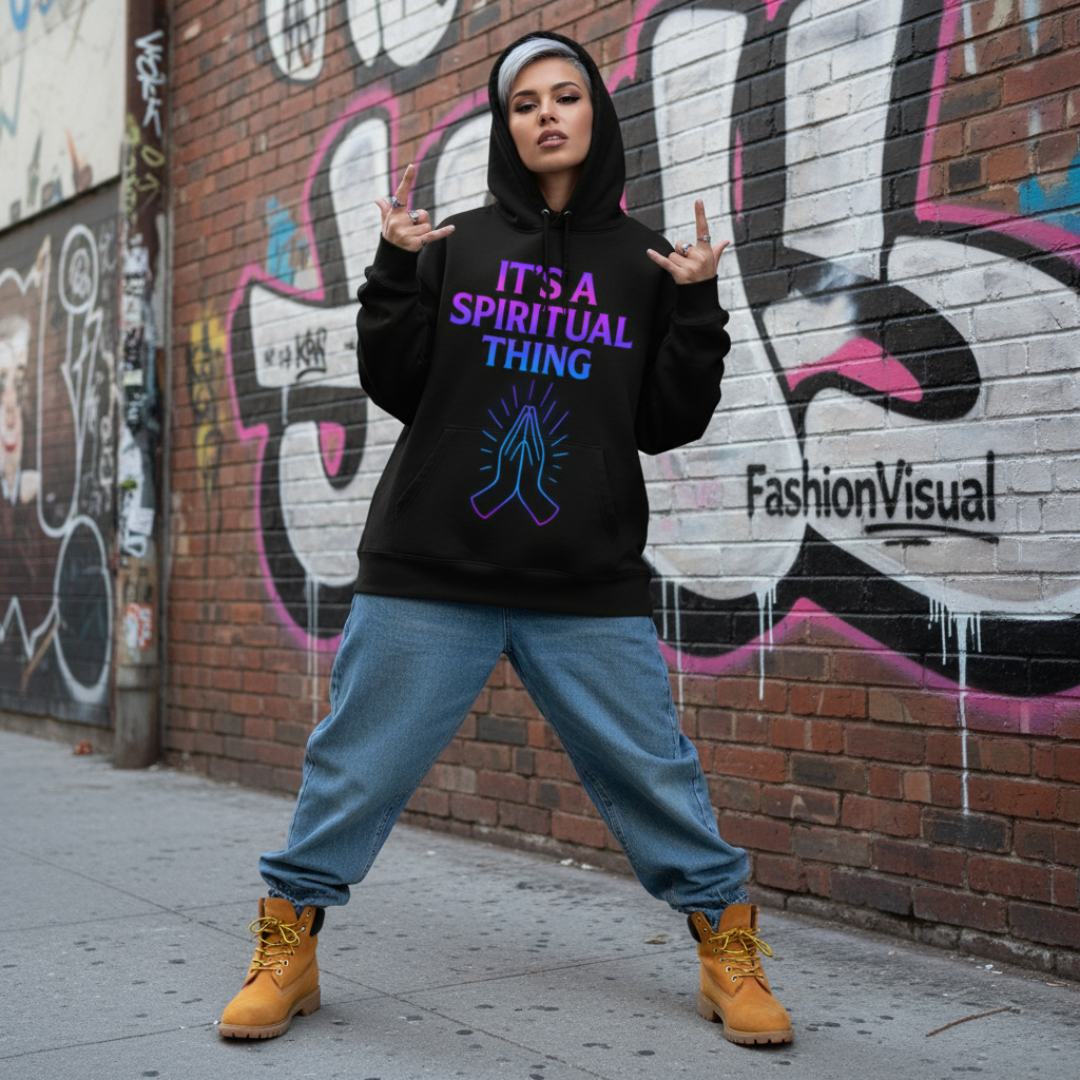 Nachher: KI-generiertes Model trägt deinen Hoodie vor einem Graffiti