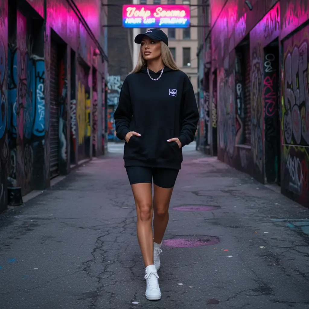 Model trägt urbanen Hoodie in einer nebligen Gasse.