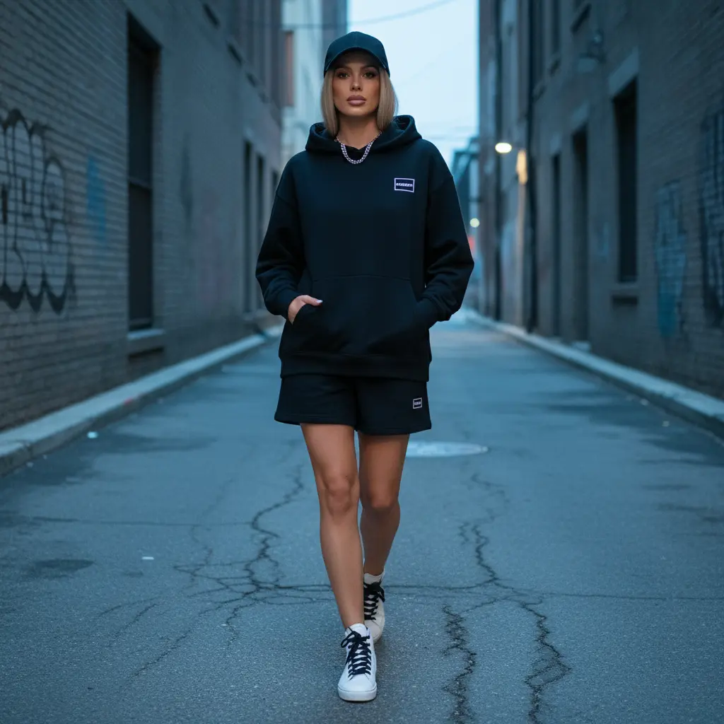 Urbanes Outfit vor einer grauen Betonwand.