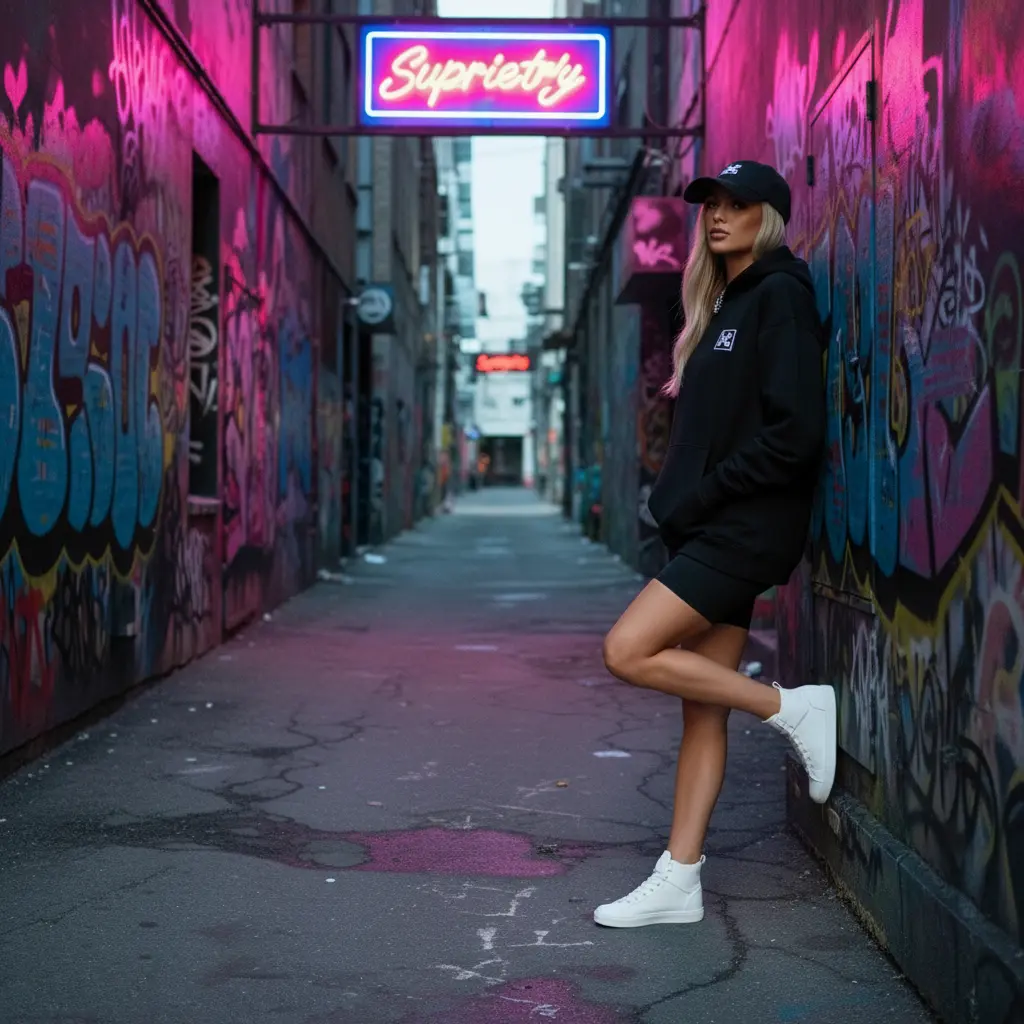 Model in Streetwear lehnt an einer urbanen Wand.